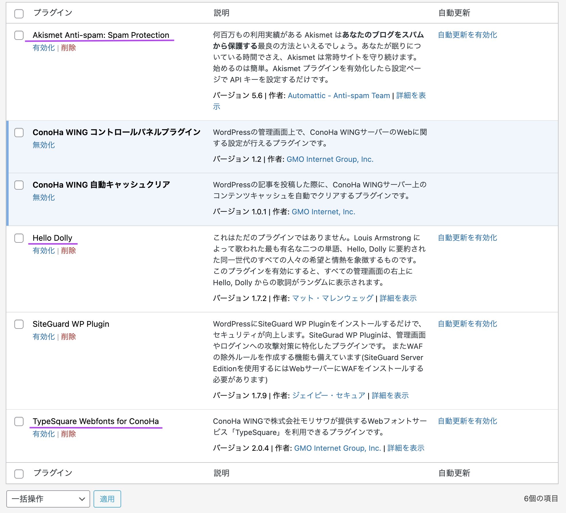 WordPressの初期プラグイン一覧