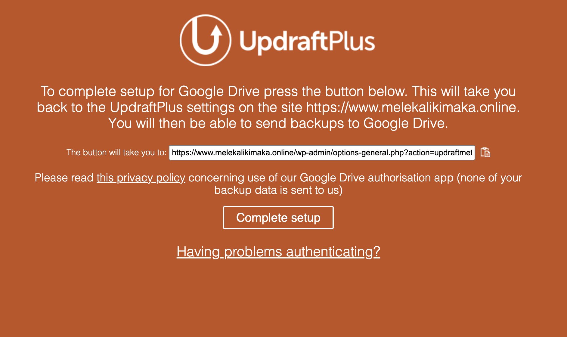 UpdraftPlusのGoogle Drive認証画面。Complete setupボタンが表示されている