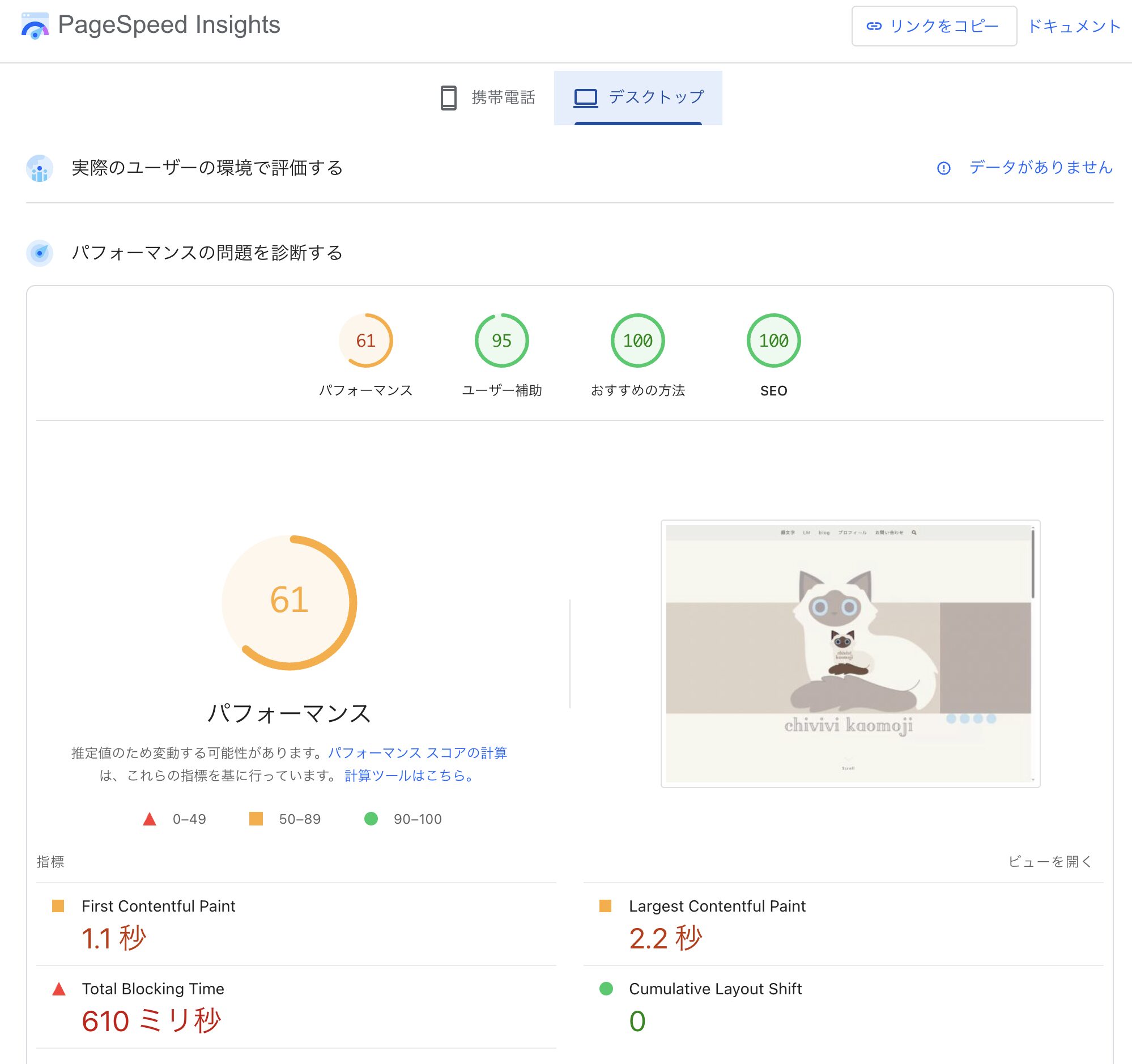 PageSpeed Insightsデスクトップ計測。SEO100点、おすすめの方法100点、ユーザー補助95点、パフォーマンス61点