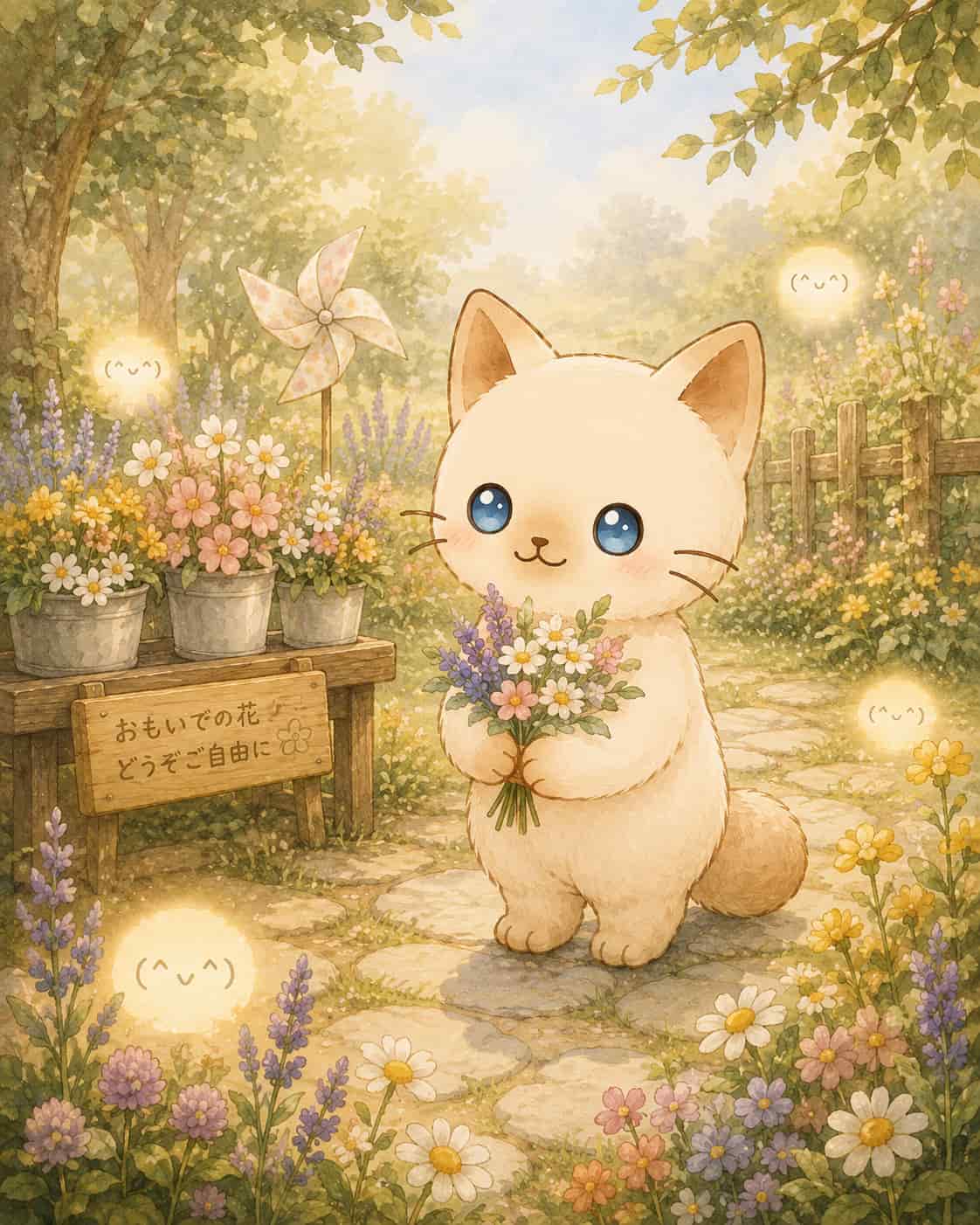思い出の花を抱えて追想の庭に佇むちびびのイラスト