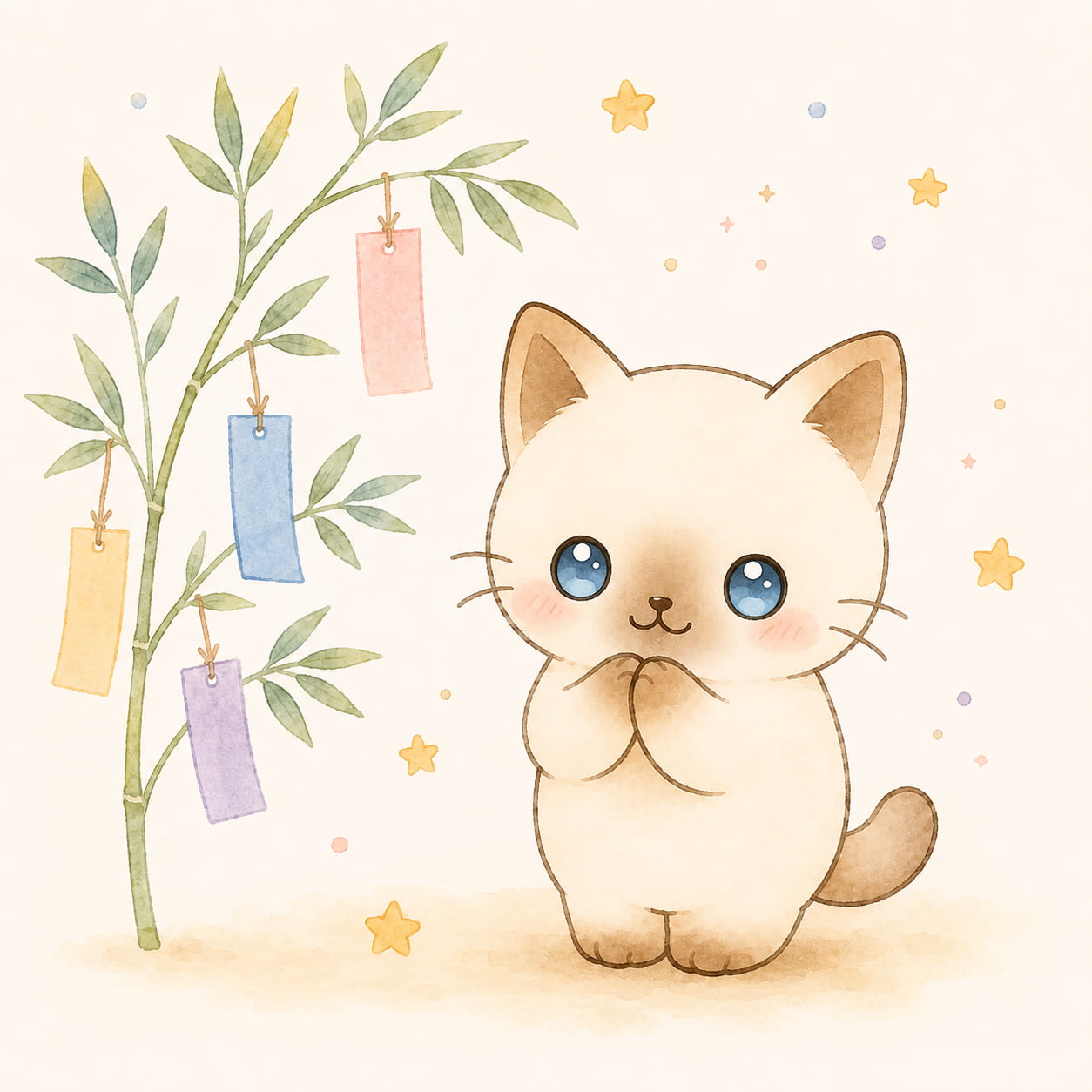 七夕の笹の前でお願いをするちびびのイラスト