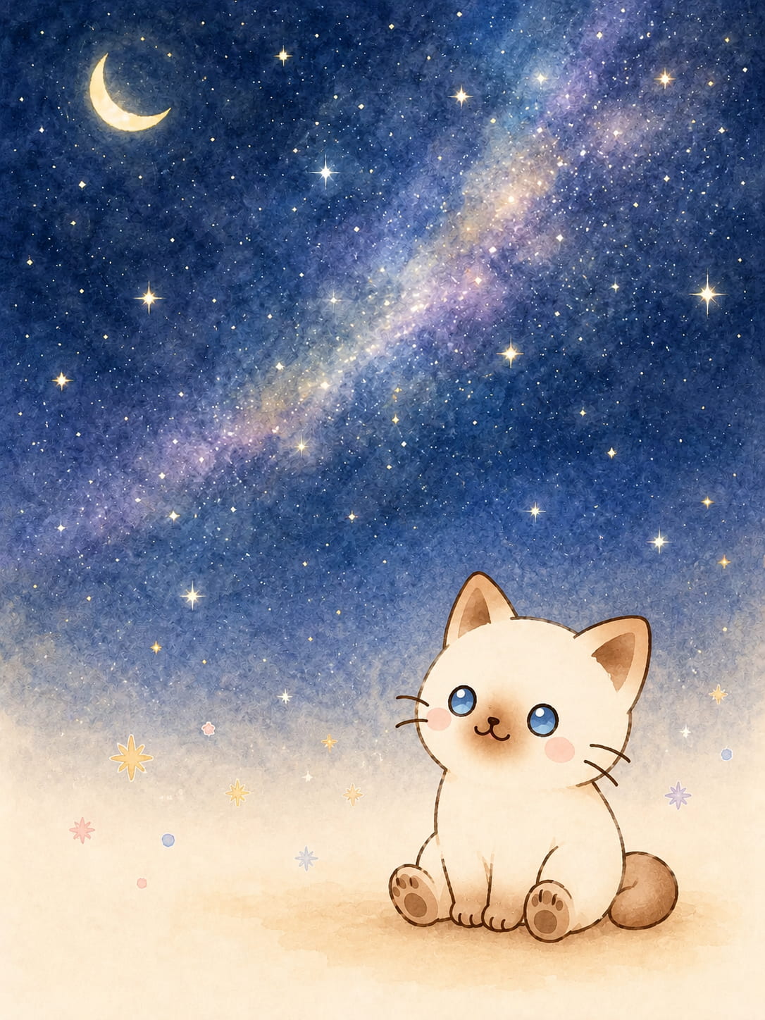 夜空の星を眺めるちびびのイラスト