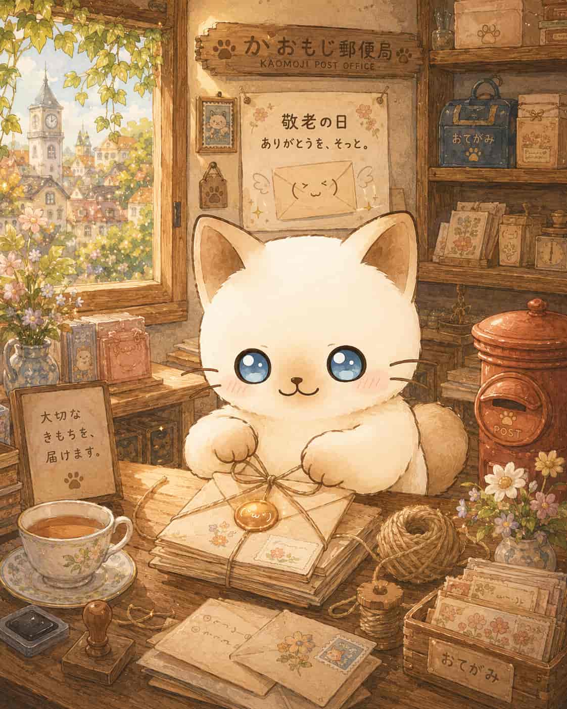 かおもじ郵便局でお手紙を結ぶちびび。敬老の日の感謝のお手紙
