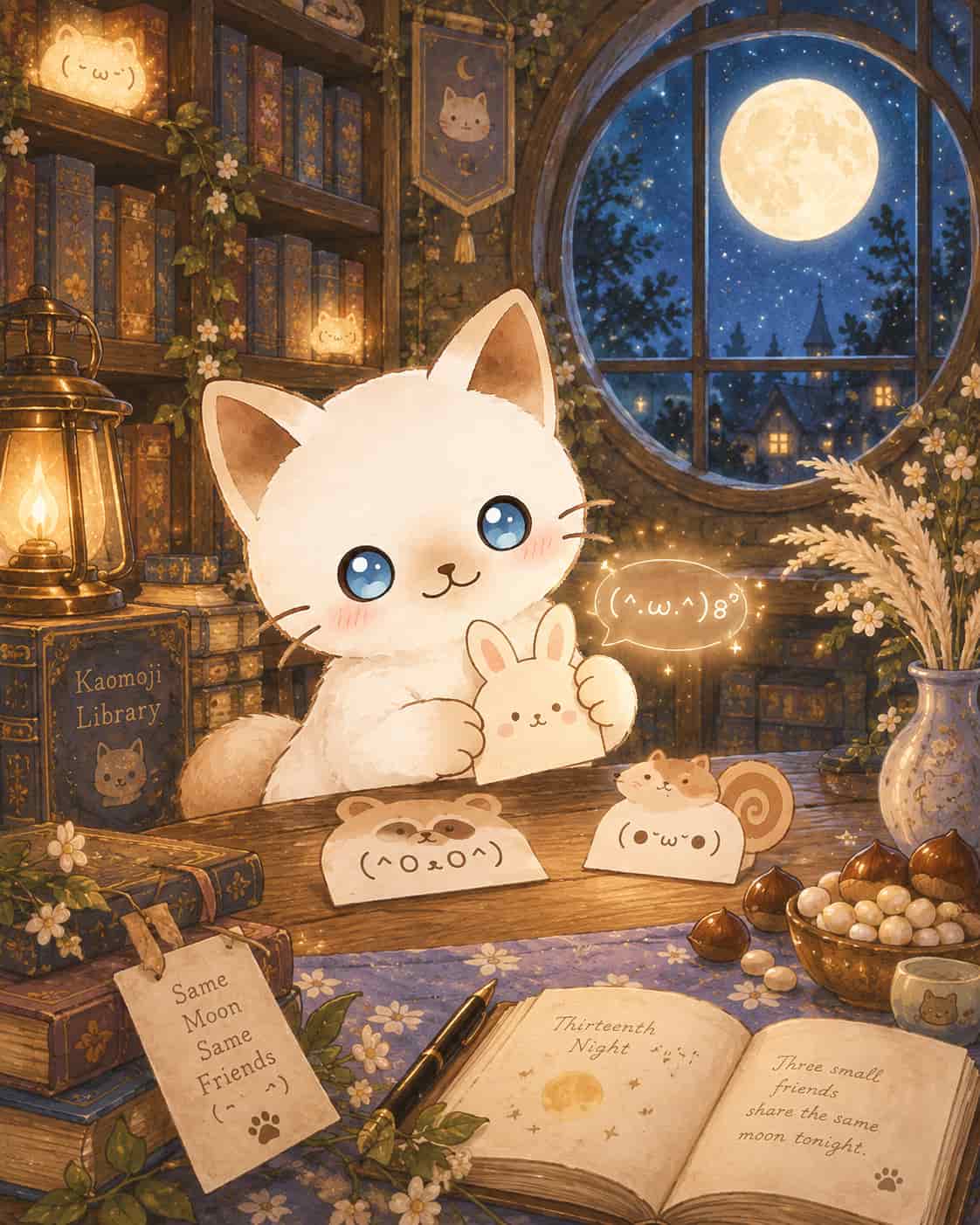 十三夜の夜、図書館でうさぎ・たぬき・リスのカードを並べるちびび